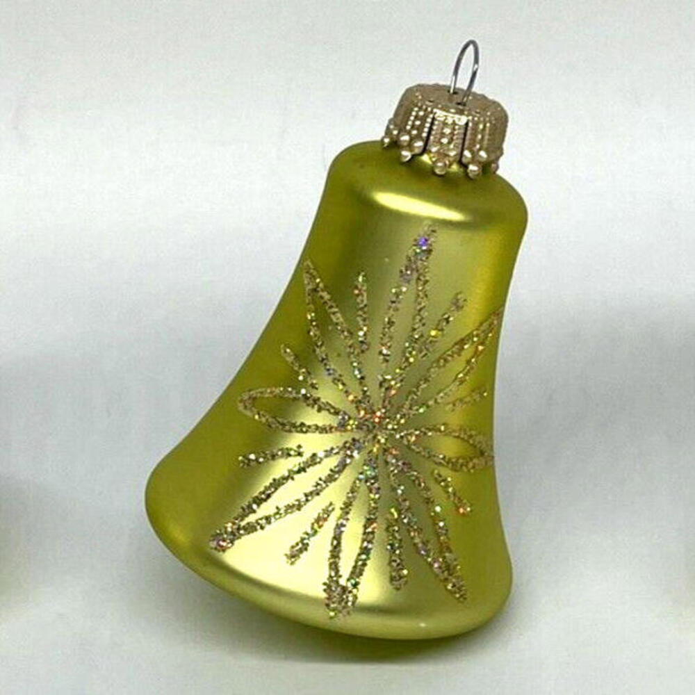 Gold Glitter Glass Bells Christmas Ornaments 3.5" LOT of 3 Vintage
